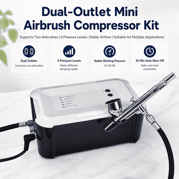 Airbrush Compressor 5-Stage Precision Control, Dual-Outlet Design Kit with 0.3mm Airbrush & Hose