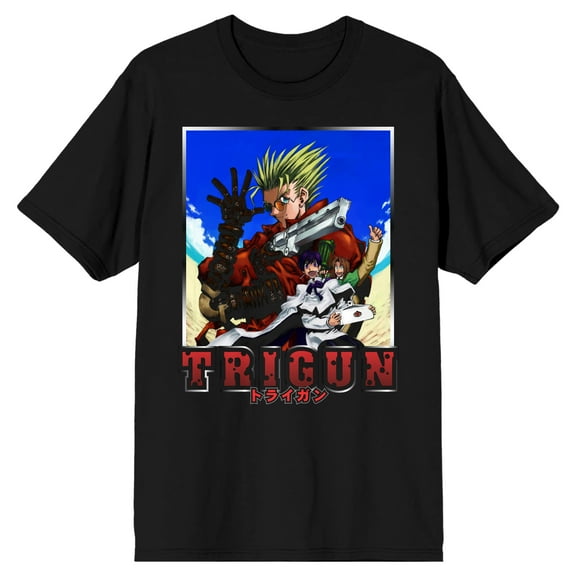 Trigun Characters Over Beach Men's Black T-Shirt-Medium