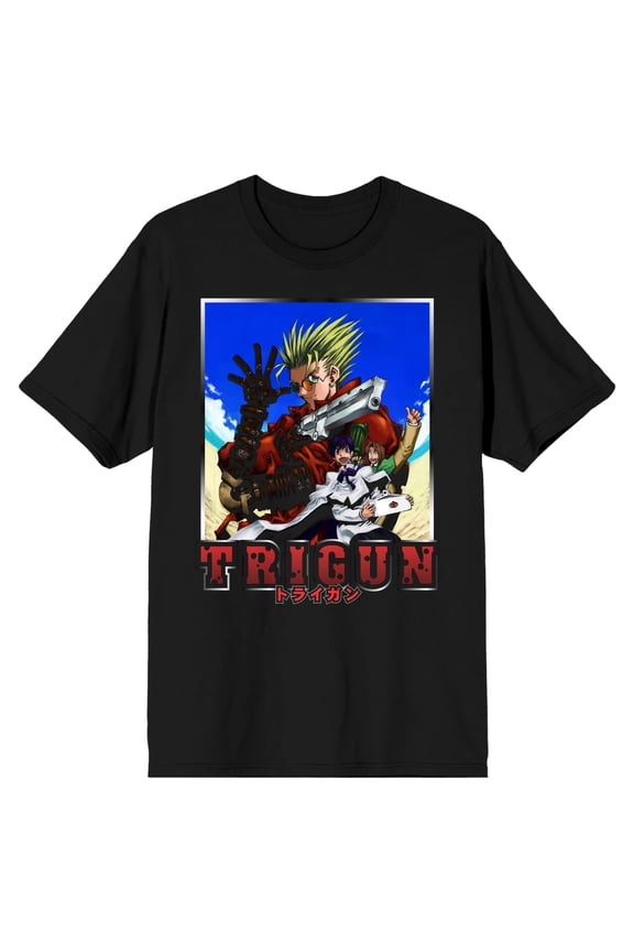 Trigun Characters Over Beach Men's Black T-Shirt-XXL