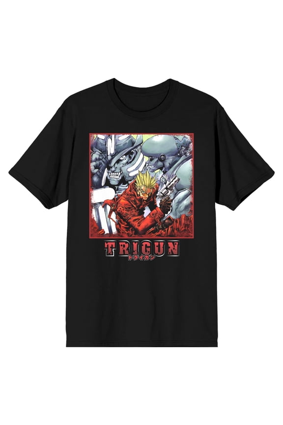 Trigun Vash & Enemy Adult Black Crew Neck Short Sleeve T-shirt-XL