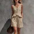 thumbnail image 1 of Trikvn 2 Piece Linen Sets for Women Summer Sleeveless V Neck Button Down Peplum Vests Tank Top and Pleated Shorts Matching Set Elegant Beach Casual Vacation Outfits, 1 of 7