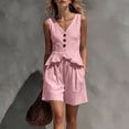 thumbnail image 1 of Trikvn 2 Piece Linen Sets for Women Summer Sleeveless V Neck Button Down Peplum Vests Tank Top and Pleated Shorts Matching Set Elegant Beach Casual Vacation Outfits, 1 of 5
