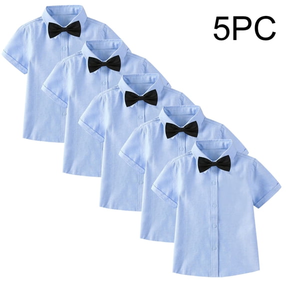 Trikvn 5-Pack Boys Formal Dress Shirts Short Sleeve Button Down Collar Shirt with Bowtie Kids Tuxedo Tops Toddler Ring Bearer Outfit for Wedding Choir Performance