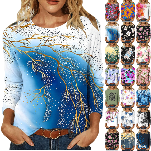 Trikvn Abstract Graphic Print Tops for Women Long Sleeve Crewneck Casual Shirts Lightweight Loose Fit Pullover Blouses Comfortable Fashion Tees for Work Dailywear, S-5XL