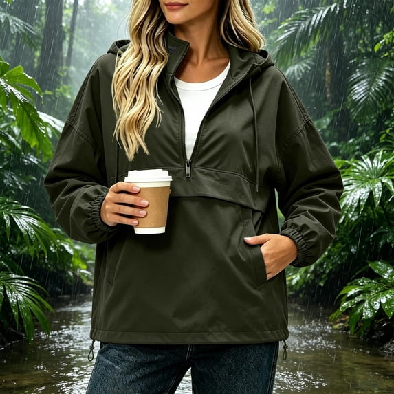 Trikvn Anorak Jacket Women Hooded Removable Half Zip Lightweight Pullover Windbreaker with Pockets Long Sleeve Loose Outdoor Rain Coat for Hiking