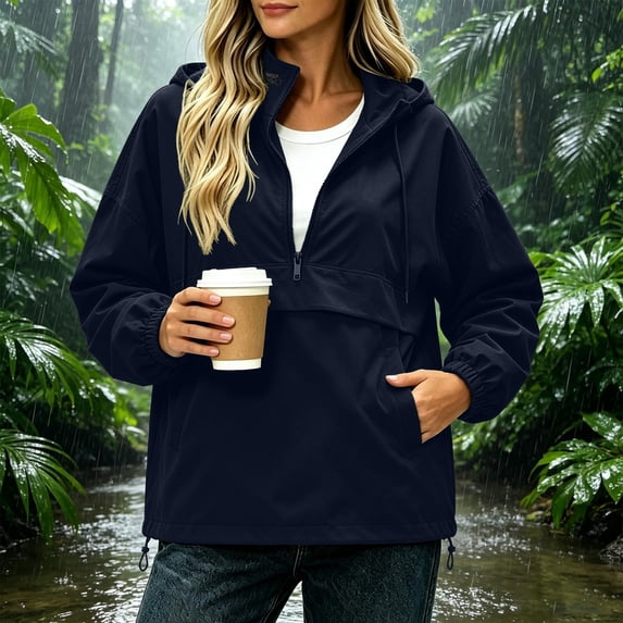 Trikvn Anorak Jacket Women Hooded Removable Half Zip Lightweight Pullover Windbreaker with Pockets Long Sleeve Loose Outdoor Rain Coat for Hiking