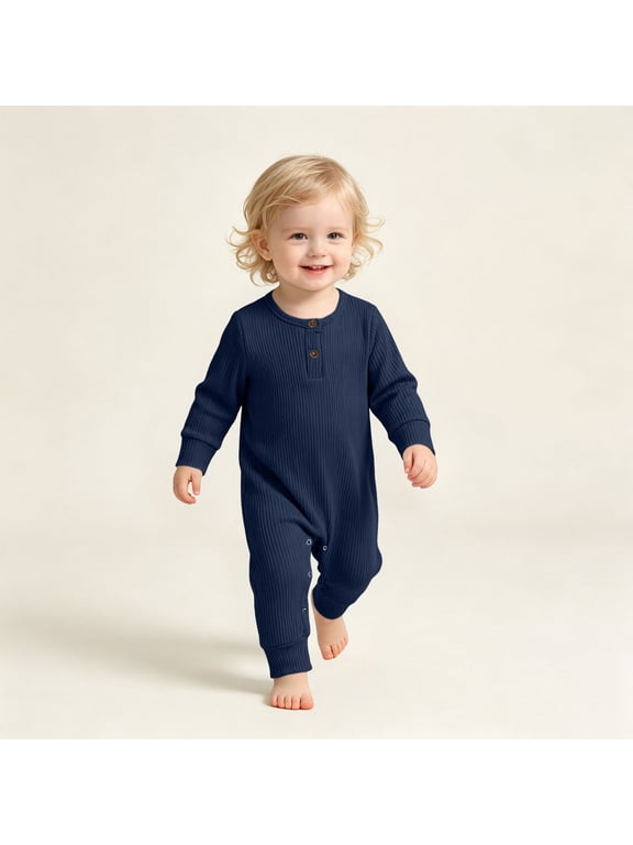Baby Boys Girls Ribbed Knit Romper Long Sleeve Footless Jumpsuit Button Front One Piece Bodysuit Sleepwear Playwear Outfits