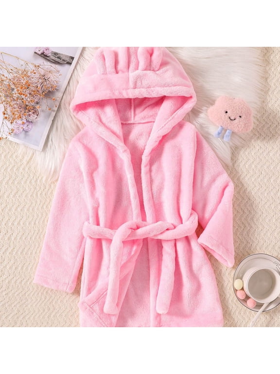 Baby Toddler Bathrobe Plush Fleece Hooded Robe Soft Warm Winter Sleepwear Nightgown Loungewear with Cute Bear Ears and Tie Belt for Boys Girls Spa Shower