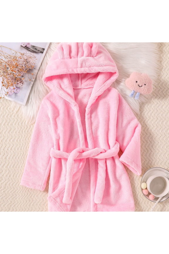 Baby Toddler Bathrobe Plush Fleece Hooded Robe Soft Warm Winter Sleepwear Nightgown Loungewear with Cute Bear Ears and Tie Belt for Boys Girls Spa Shower