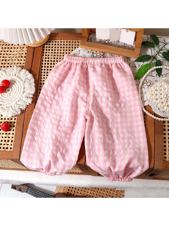 Baby Toddler Girls Gingham Harem Pants Checkered Loose Fit Elastic Waist Bloomers Lightweight Summer Play Bottoms