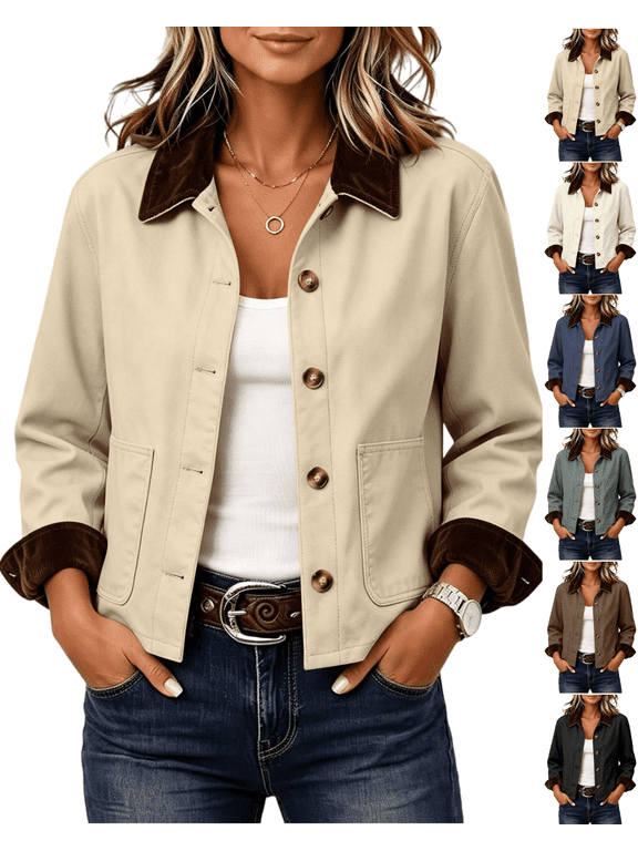 Barn Jacket Women Fall Cozy Corduroy Lapel Collar Long Sleeve Jackets with Pockets Winter Warm Vintage Jacket Bottom Up Casual Trendy Daily Work Retro Outfit