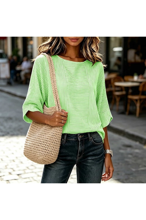 Batwing Sleeve Tops for Women Striped Casual Boat Neck Flowy Tunic Blouses Lightweight Comfortable Summer Everyday Basic Summer Shirts