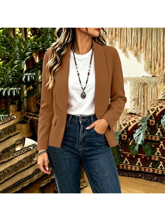 Blazer Jackets for Women Slim Fit Shawl Lapel Open Front Jacket Long Sleeve Roll Up Business Casual Suit for Fall Winter Office Daily Fashion Outfits XS-4XL