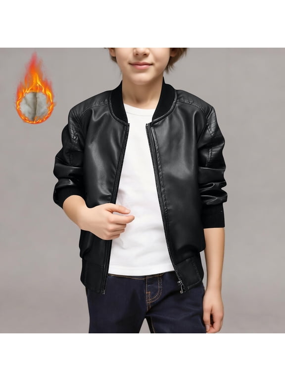 Boys Classic PU Leather Moto Jacket Full Zip Lightweight Windproof Bomber Coat Stand Collar Outerwear for Fall Spring Casual Everyday Wear Hip Hop Style
