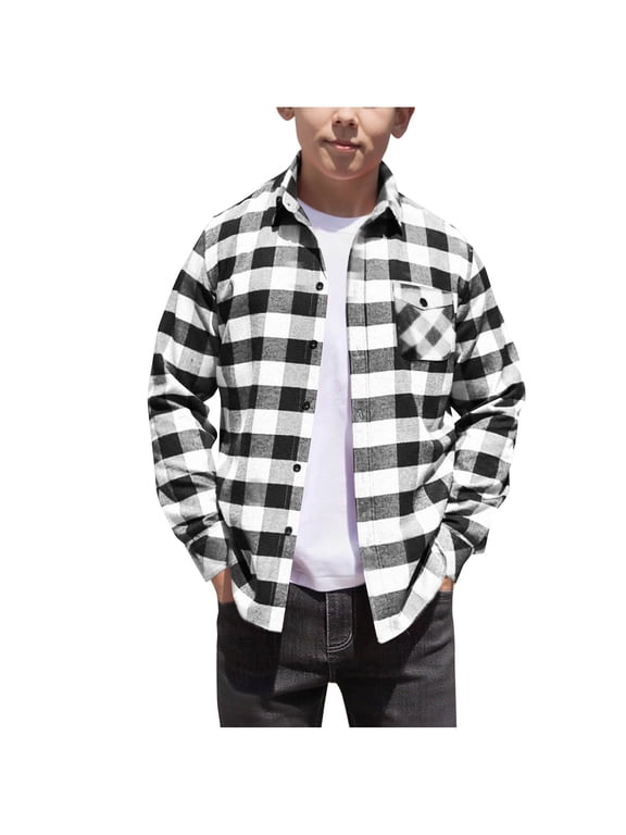 Boys Classic Plaid Flannel Shirt Long Sleeve Button Down Collared Casual Tops Lightweight Shacket for Kids School Everyday Fall Outfits Comfortable Outerwear