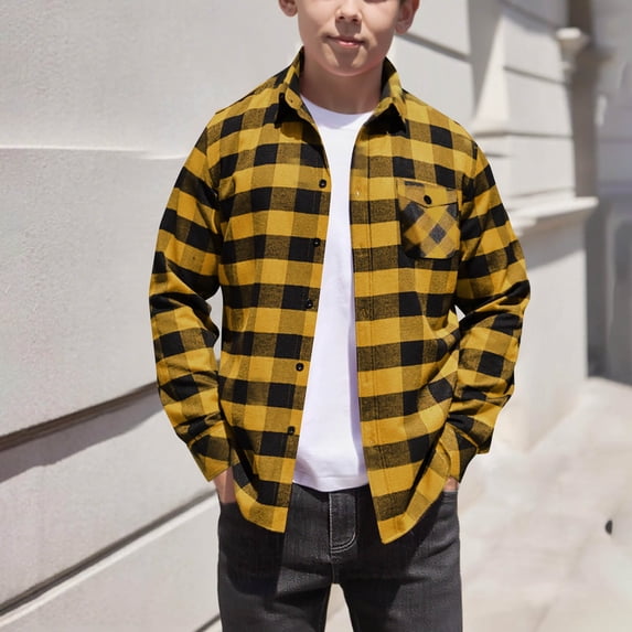 Trikvn Boys Classic Plaid Flannel Shirt Long Sleeve Button Down Collared Casual Tops Lightweight Shacket for Kids School Everyday Fall Outfits Comfortable Outerwear