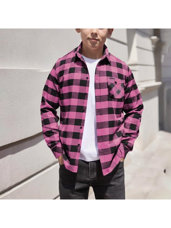 Boys Classic Plaid Flannel Shirt Long Sleeve Button Down Collared Casual Tops Lightweight Shacket for Kids School Everyday Fall Outfits Comfortable Outerwear