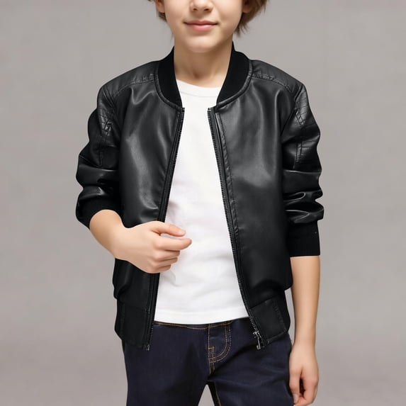 Trikvn Boys Faux Leather Motorcycle Jacket Zip Up Long Sleeve Casual Bomber Coat Fall Winter Biker Outerwear with Pockets for School Motorcycling Outdoor Activities