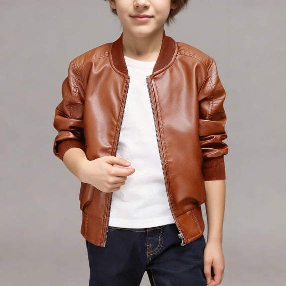 Trikvn Boys Faux Leather Motorcycle Jacket Zip Up Long Sleeve Casual Bomber Coat Fall Winter Biker Outerwear with Pockets for School Motorcycling Outdoor Activities