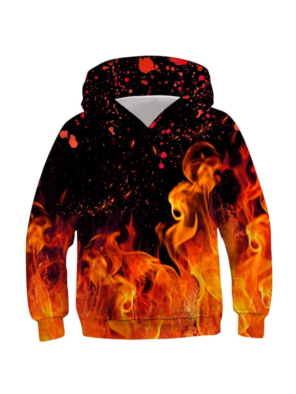 Boys Fire Flame Graphic Hoodies 3D Print Novelty Pullover Sweatshirts Long Sleeve Casual Active Sportswear Tops Fall Winter Athletic Clothes for Kids Youth