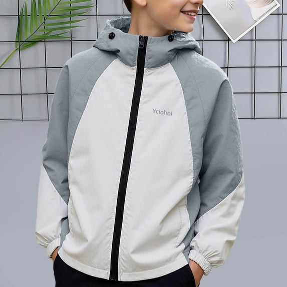 Trikvn Boys Lightweight Windbreaker Hooded Jacket Colorblock Full Zip Active Outerwear Water Resistant Breathable Coat for Running Hiking Spring Fall Outdoor Sports