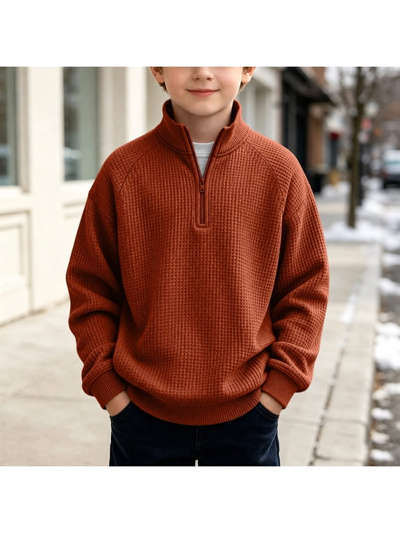Boys Quarter Zip Pullover Waffle Knit Mock Neck Sweater Raglan Long Sleeve Textured Top with Ribbed Hem Loose Warm for Fall Winter Casual 3-14Y