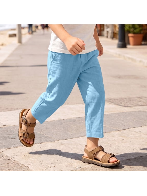 Boys Summer Crop Pants Lightweight Cotton Linen Blend Trousers Elastic Waist Breathable Beach Everyday Wear