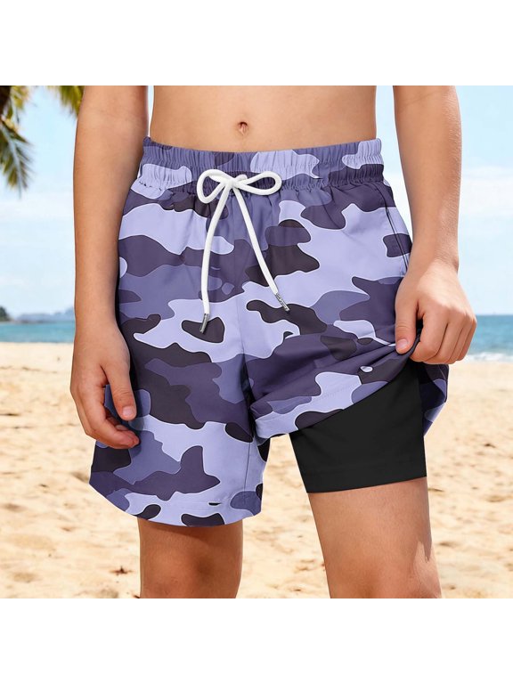 Boys Swim Trunks Quick Dry Board Shorts with Built-in Compression Liner and Drawstring for Beach Surfing Summer Vacation