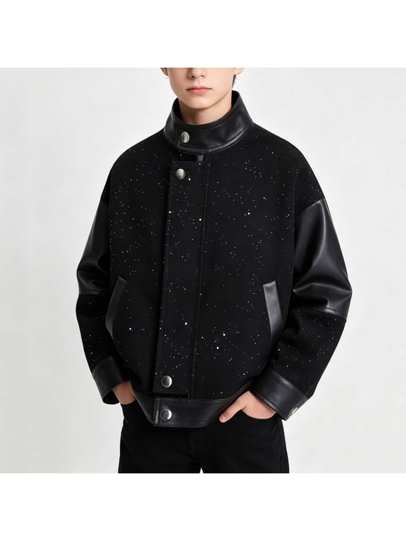 Boys Varsity Jacket Long Sleeve Faux Leather Patchwork Baseball Bomber Coat Snap Button Speckled Pattern Outerwear for Fall Winter Kids Casual School Clothes