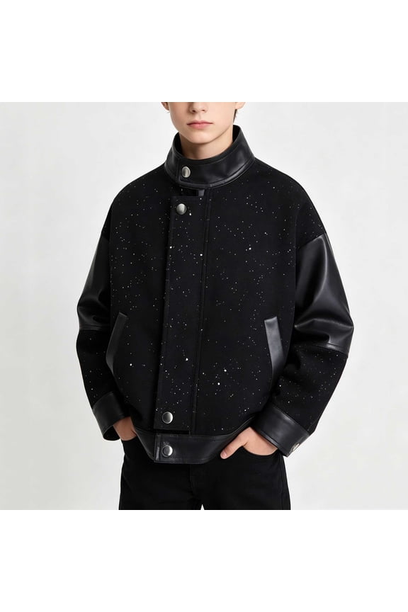 Boys Varsity Jacket Long Sleeve Faux Leather Patchwork Baseball Bomber Coat Snap Button Speckled Pattern Outerwear for Fall Winter Kids Casual School Clothes