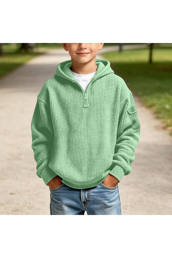 Boys Waffle Knit Hoodie Quarter Zip Pullover Sweaters Drop Shoulder Long Sleeve Casual Hooded Sweatshirt with Pocket Fall Winter Warm Kids Youth Tops