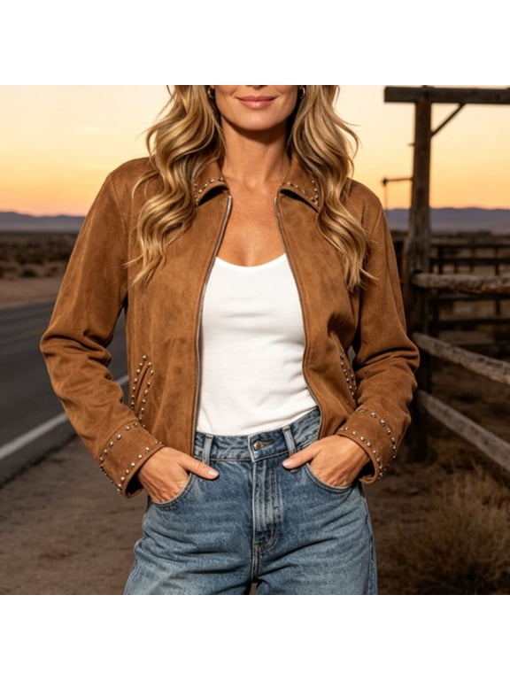 Brown Studded Suede Jacket Women Vintage Western Zip Up Lapel Collar Long Sleeve Faux Casual Short Coat Street Wear