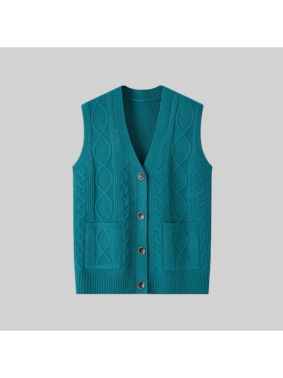 Cable Knit Vest Women Lightweight Cozy V Neck Sleeveless Sweater Gilet Button up with Pockets Vintage Layering for Spring Fall Daily Leisure
