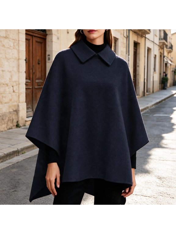 Chic Peter Pan Collar Wool Blend Cape Poncho Coat Women Irregular Hem Batwing Sleeve Shawl Wrap Loose Elegant Fall Winter Outerwear Dressy