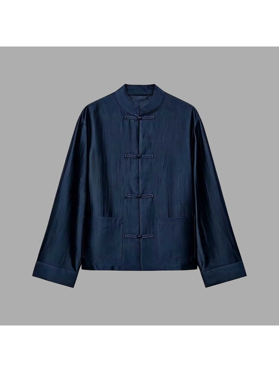 Chinese Jacket Women Frog Button Mandarin Collar Long Sleeve Relaxed Fit Traditional Top with Pockets for Spring Autumn Daily Leisure