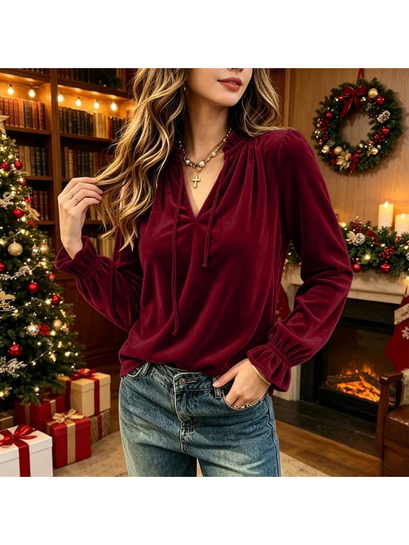 Christmas Dressy Blouses for Women Velvet Ruffled V Neck Drawstring Flared Cuffs Curved Hem Soft Tunic Top for Party Festival Trendy