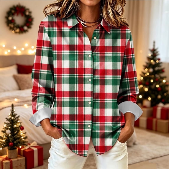 Trikvn Christmas Plaid Blouses for Women Classic Green Red Flannel Button up Shirt Lapel Collar Colorblock Buffalo Plaids Shacket Daily Chic S-3XL