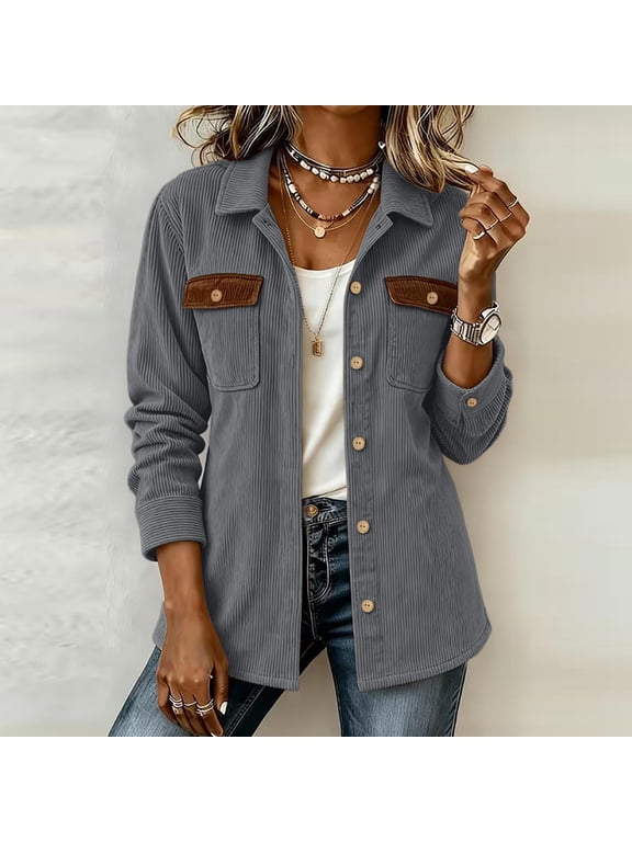 Corduroy Barn Jacket Women Vintage Lapel Collared Long Sleeve Button up Chore Coat with Pockets for Fall Winter Retro Leisure