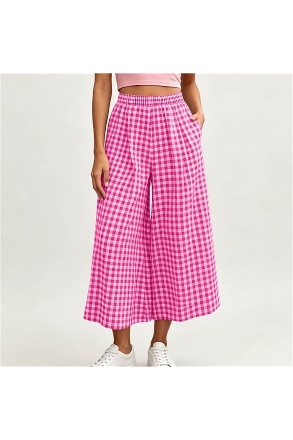 Culottes for Women Plaid High Waisted Wide Leg Elastic Waist Flowy Cropped Pants with Pockets Comfy Loose Fit Fashion Summer Trousers