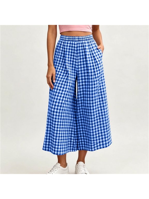 Culottes for Women Plaid High Waisted Wide Leg Elastic Waist Flowy Cropped Pants with Pockets Comfy Loose Fit Fashion Summer Trousers