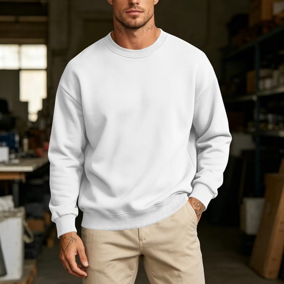 Trikvn Fleece Lined Sweatshirts for Men Crewneck Casual Long Sleeve Pullover Tops Solid Comfortable Drop Shoulder Relaxed Fit Fall Winter Basic Sweat Shirts Activewear