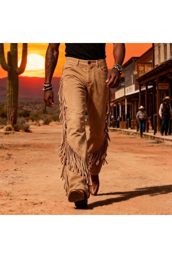 Fringe Pants Men Western Cowboy Flare Fashion Y2K High Waist Baggy Pants Casual Vintage Tassels Streetwear Trousers with Pockets