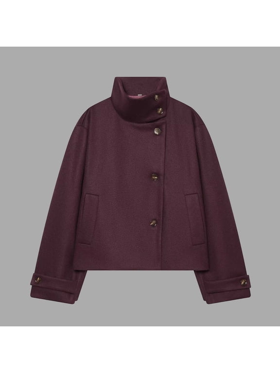 Funnel Neck Jacket Women Wool Blend Trendy Short Jacket Long Sleeve Single Breasted Coat Vintage with Pockets for Fall Winter Snow Wear