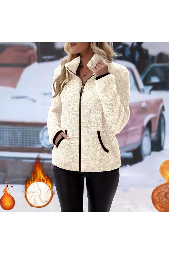 Fuzzy Fleece Jacket for Women Full Zip Up Stand Collar Outerwear Winter Warm Teddy Bear Coat with Pockets Casual Fluffy Sherpa Sweater Fall Cozy Cardigan