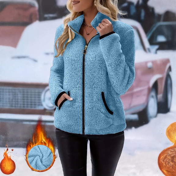 Trikvn Fuzzy Fleece Jacket for Women Full Zip Up Stand Collar Outerwear Winter Warm Teddy Bear Coat with Pockets Casual Fluffy Sherpa Sweater Fall Cozy Cardigan