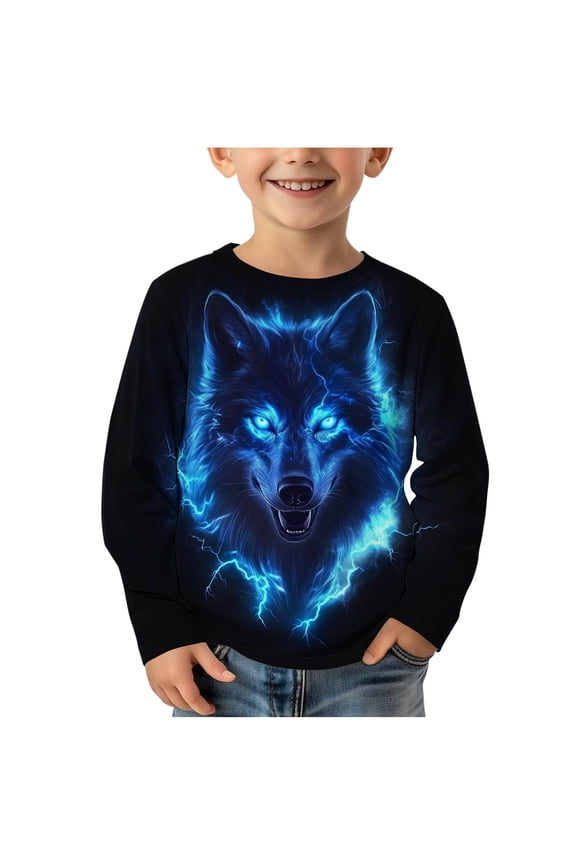 Girls Boys 3D Wolf Lightning Graphic Tees Long Sleeve Cool Animal Print Shirts Crewneck Novelty Pullover Casual Tops for Kids Youth Fall Apparel Everyday Wear