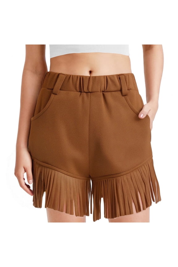 Girls Casual Summer Shorts Faux Suede Leather with Tassel Fringe Vintage Style Elastic Waist Comfortable Western Outfit Lounge Wear for Daily Holiday Vacation