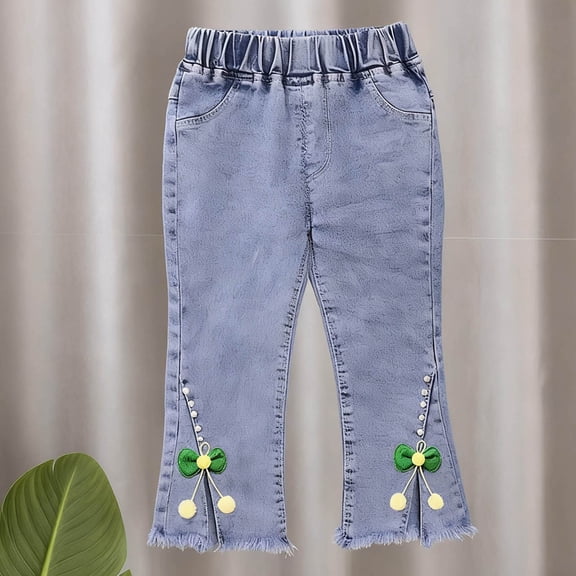Trikvn Girls Denim Flare Pants Cute Cherry Bow Bell Bottom Jeans Elastic Waist Stretch Slim Fit Slit Fringed Hem Pearls Jeans for Toddler Kids