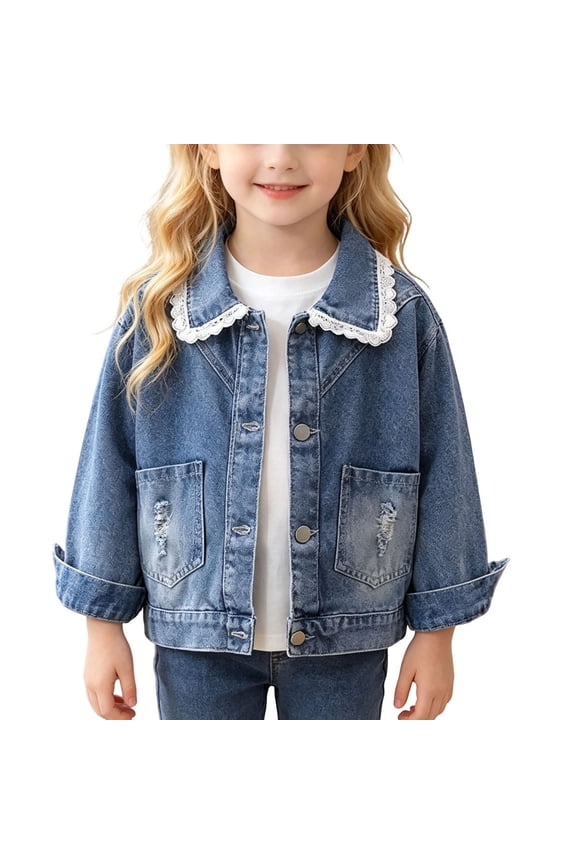 Girls Denim Jacket Long Sleeve Button Down Jean Coat Vintage Distressed Pockets Sweet Lace Collar Casual Spring Fall Outerwear Clothes for Toddler Kids