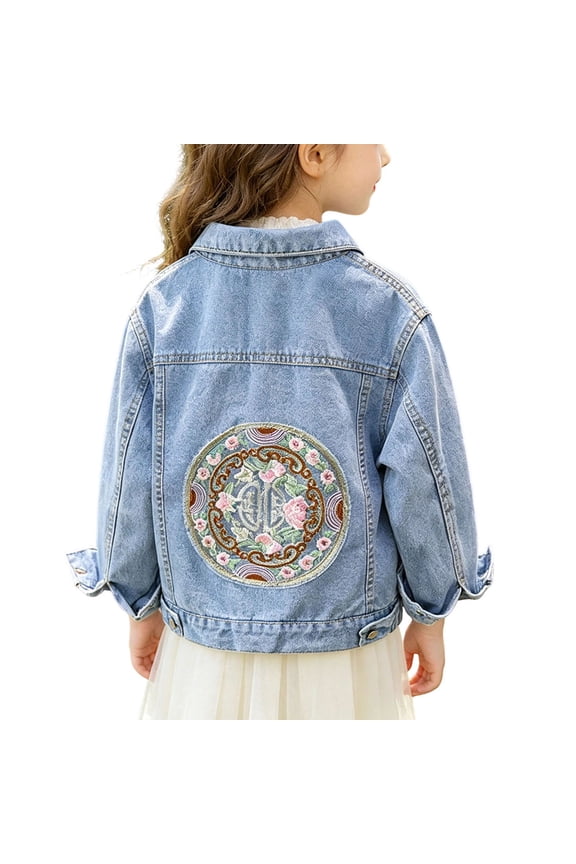 Girls Denim Jacket Long Sleeve Button Down Vintage Jean Coat with Floral Embroidery Retro Patch Lapel Casual Fall Spring Fashion Outerwear for Kids Everyday Wear